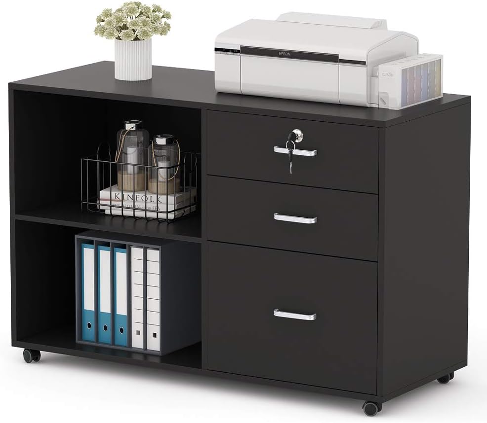 3 Drawer Wood File Cabinets with Lock and Wheels (Black) Z624911