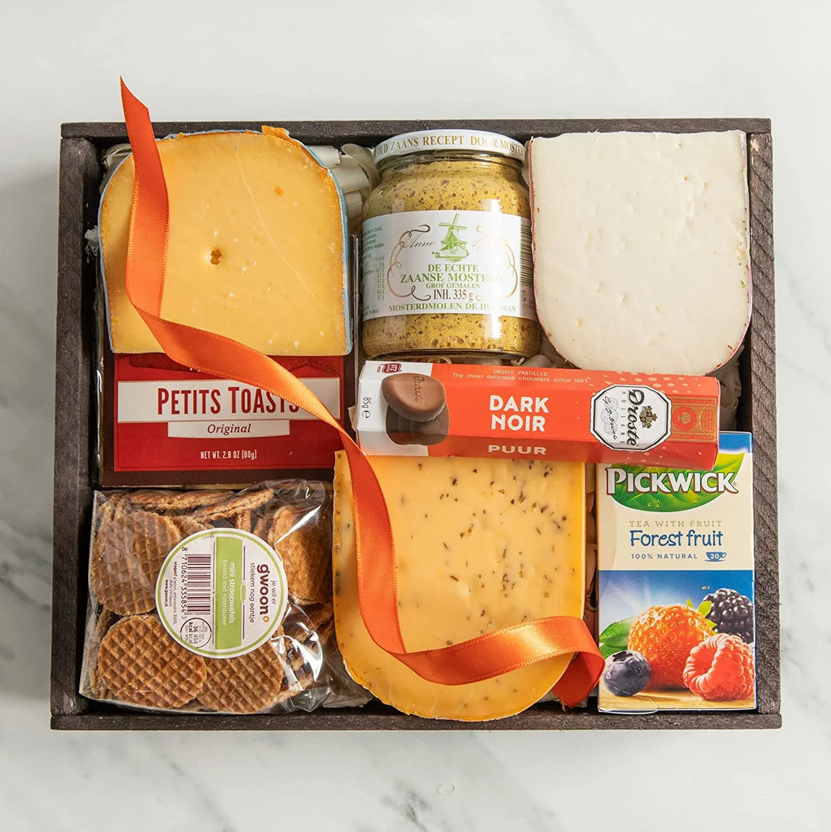 Gourmet Gift Basket with Gouda, Leyden Cheeses, Mustard, Crackers, Tea, Chocolate, and Waffles M5150