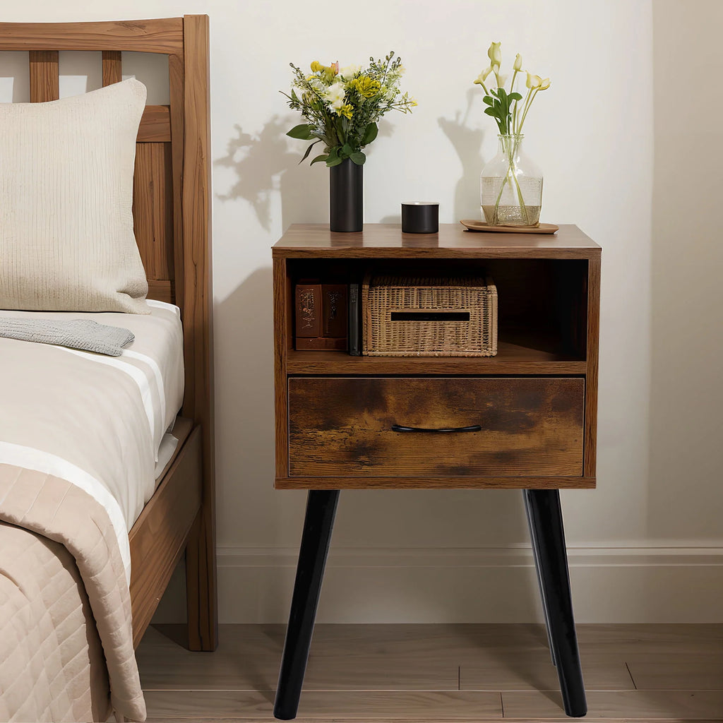 Set of 2 Nightstand with Drawer and Shelf, Wood Frame and Metal Legs, Brown K82136