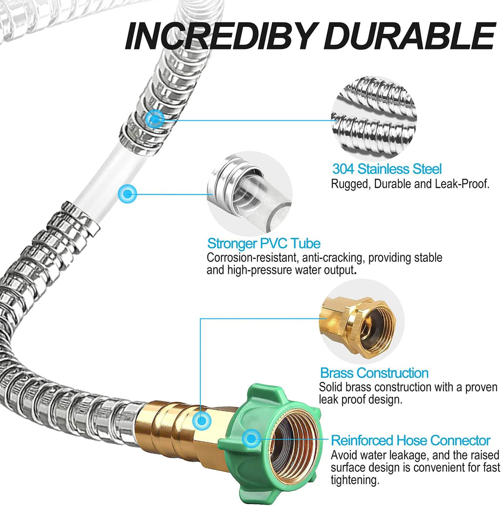 Steel Metal Garden Hose 100FT Heavy Duty Lightweight 304 Stainless Steel Water Hose with Brass Nozzle, Silver Pack of 2 R237