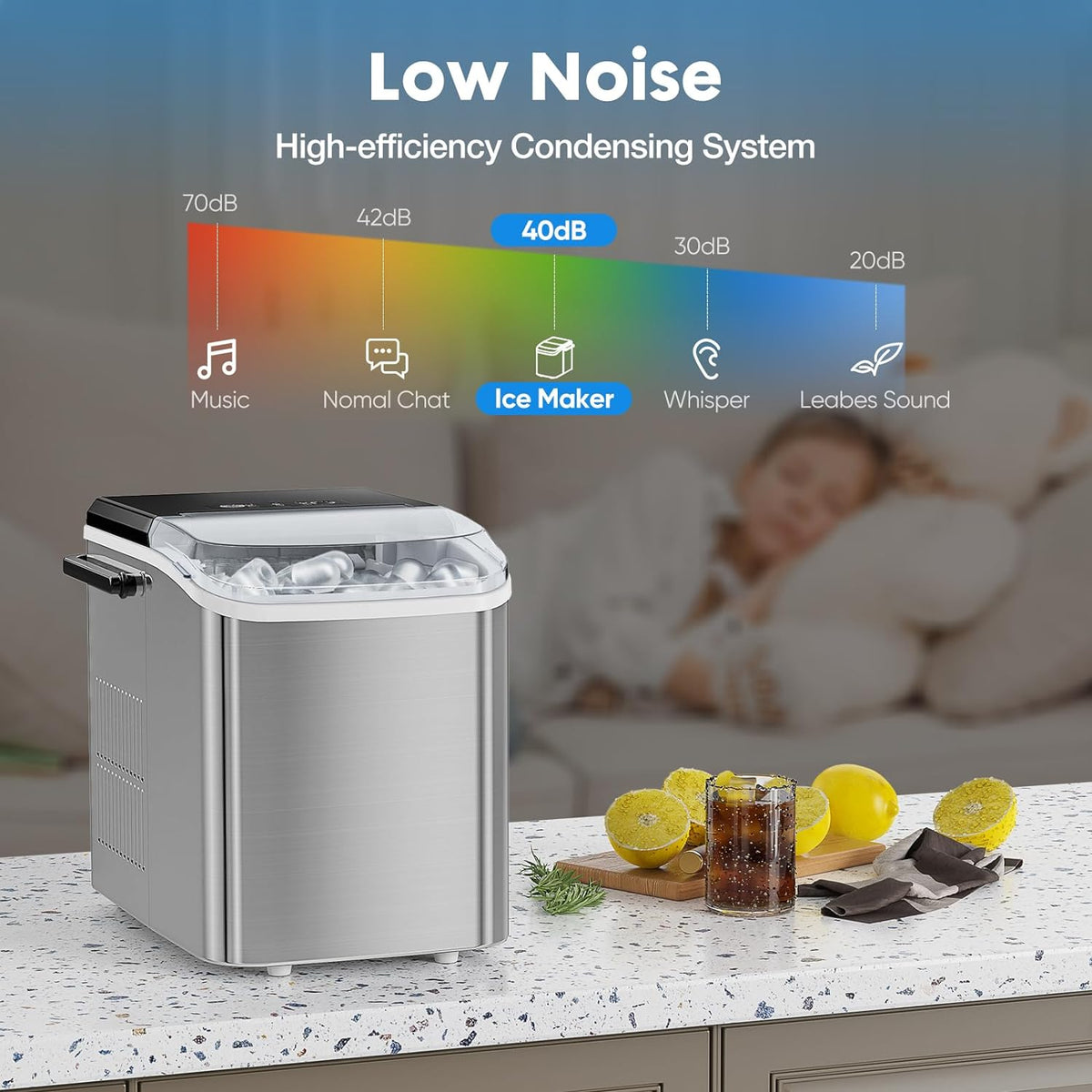 Countertop Stainless Steel Portable Ice Maker with Handle, Scoop and Basket, 9 Pcs Bullet Ice P813