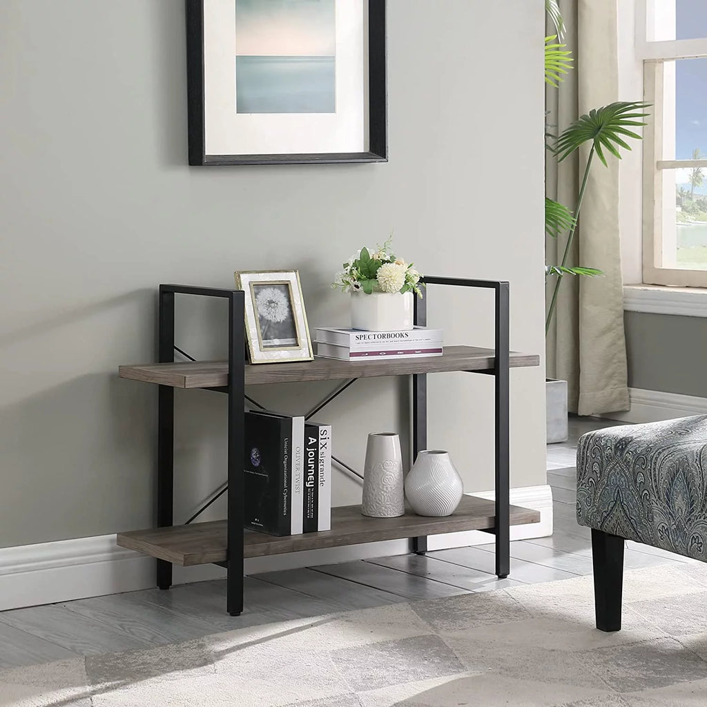 2 Tier Grey Wood and Metal Bookshelf R609