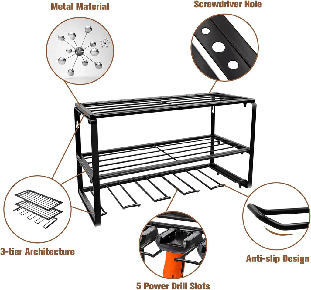 Wall Mounted Tool Storage Rack with Drill Holder, Pack of 2 E455582
