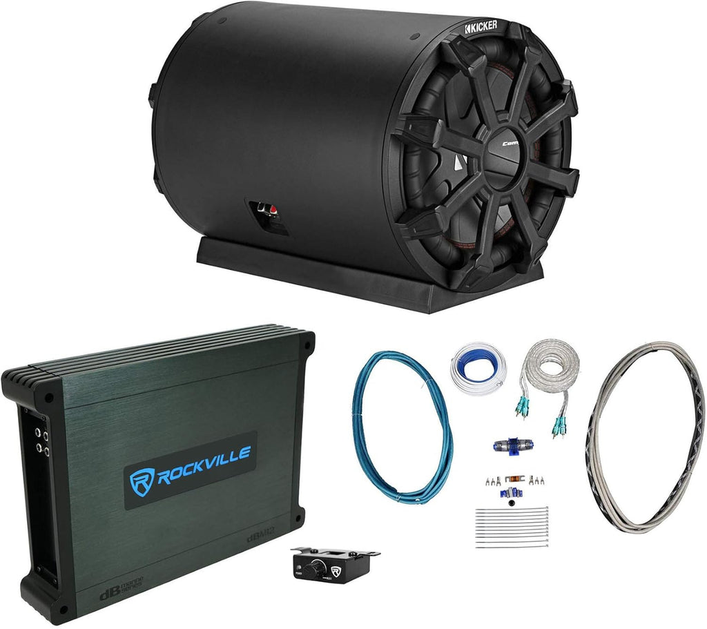 10" 800w Marine Loaded Subwoofer Enclosure Bundle with 2000w Mono Amplifier and Install Wire Kit (3 Items) O24277