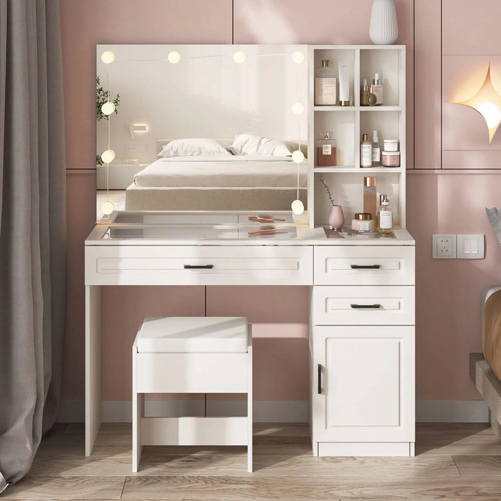 White 45in Vanity Desk Set with Lighted Mirror and Glass Desktop C835