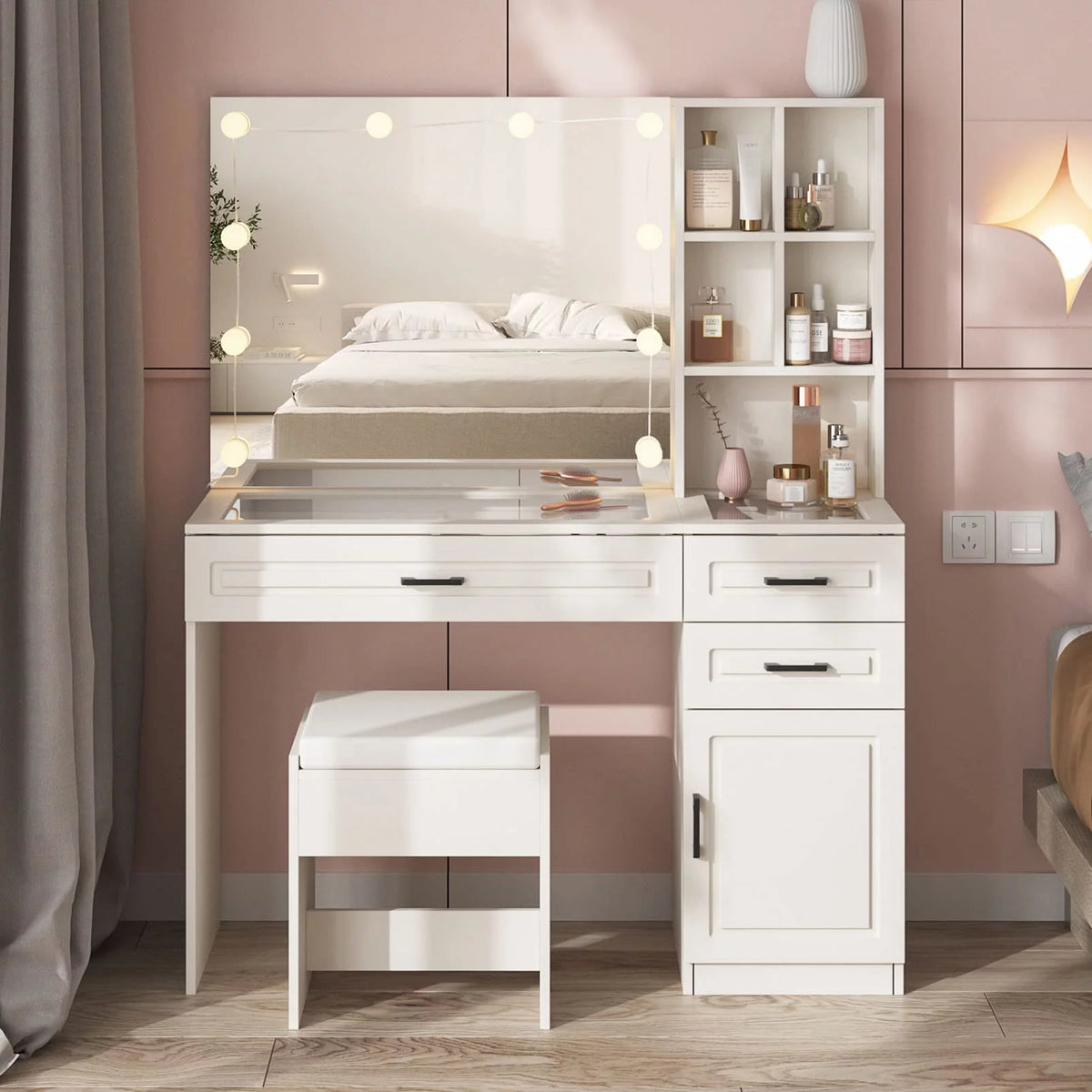 White 45in Vanity Desk Set with Lighted Mirror and Glass Desktop C835