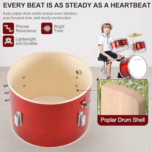 3 Piece Kids Drum Set with 14'' Bass Drum, Snare, Tom, Cymbal, Pedal, Drumsticks, Adjustable Seat Z9919