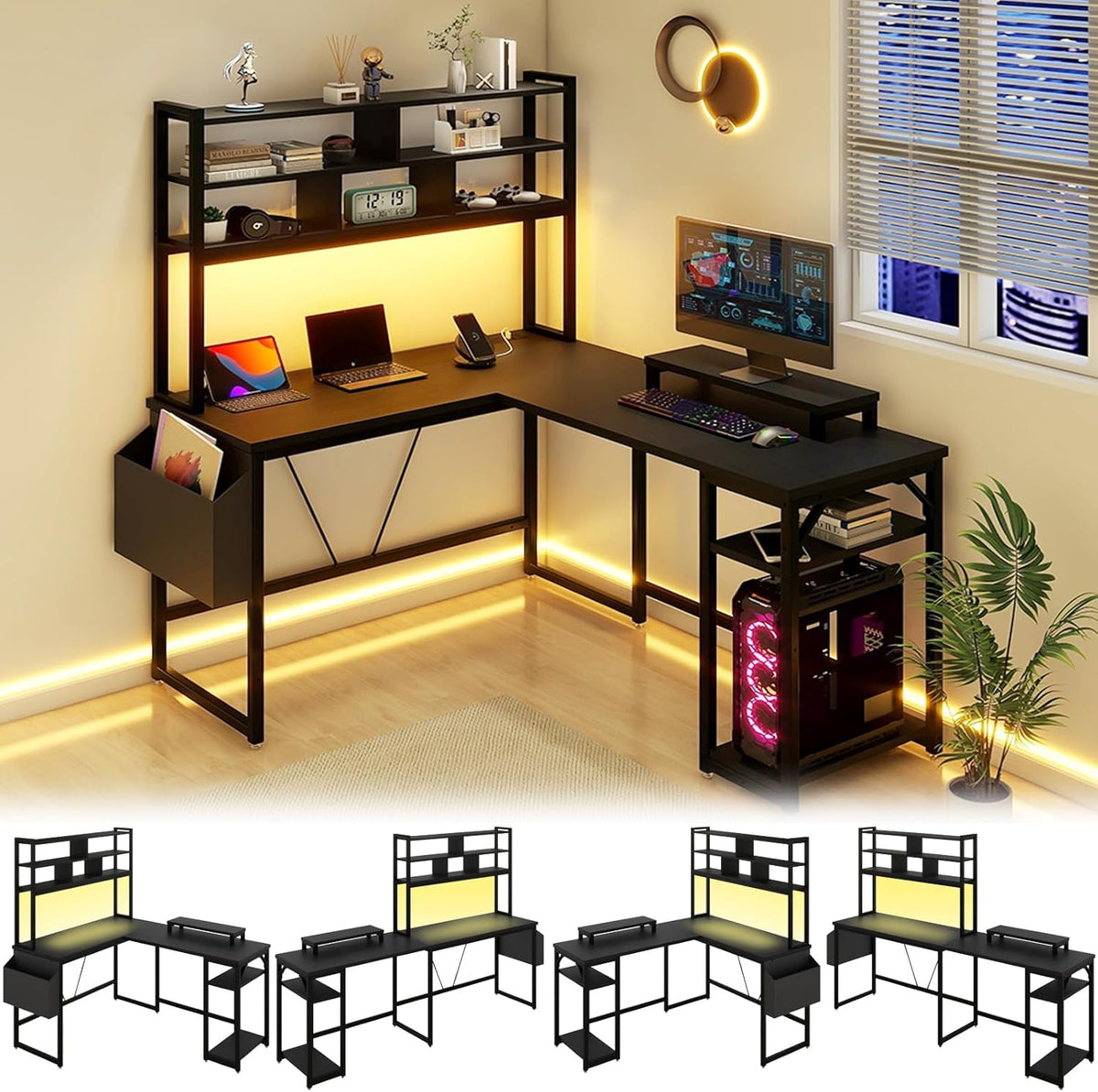 L Shaped Computer Desk with LED Lights and Power Outlets and USB Port B41300