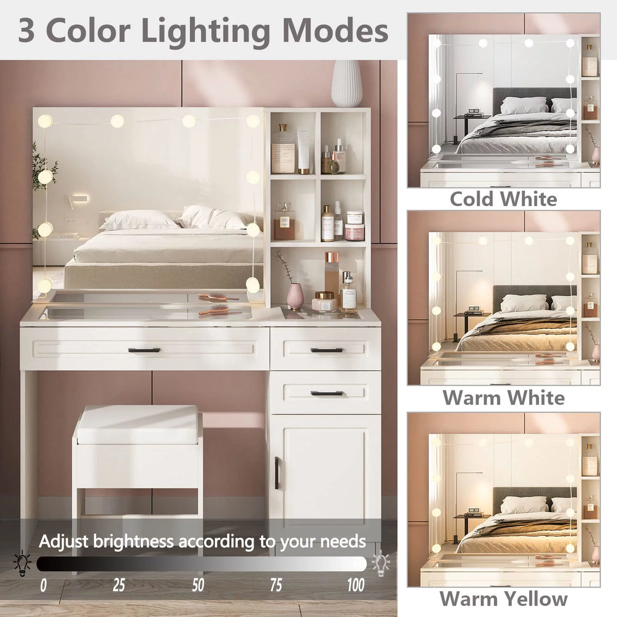 White 45in Vanity Desk Set with Lighted Mirror and Glass Desktop C835