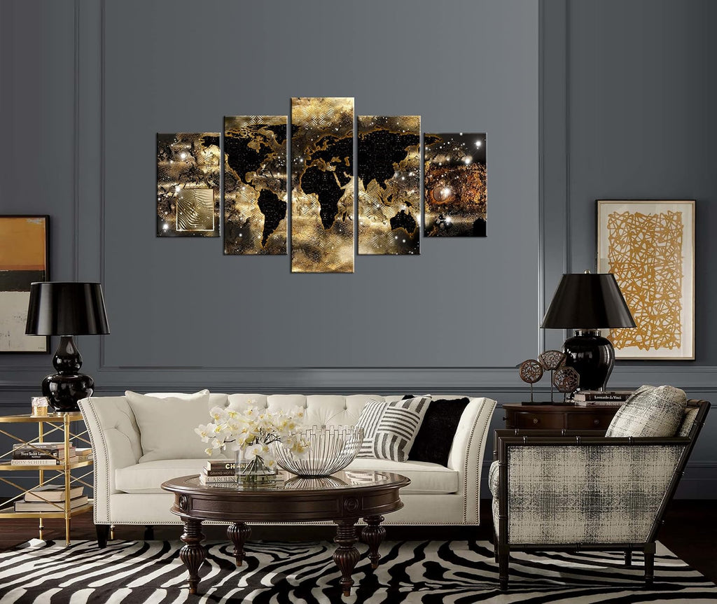 World Map Canvas Wall Art Gold Picture Modern Painting Compass Continents Bronze Artwork Framed Home Decor (W60”x H30”) V147