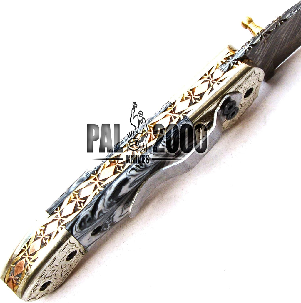 Handmade Damascus Steel Folding Pocket Hunting Knife with Sheath C199074