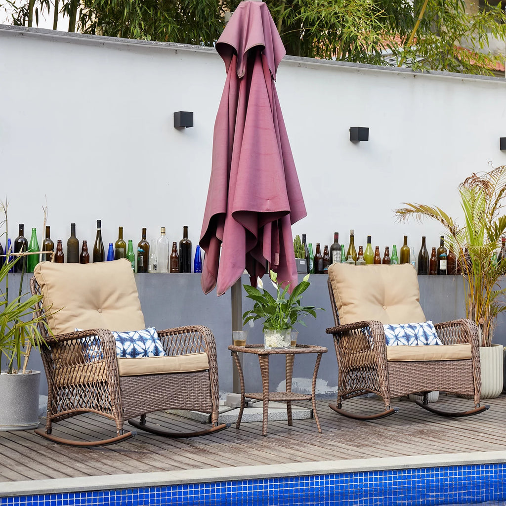 3-Piece Wicker Outdoor Rocking Chairs with Cushions and Table M9458