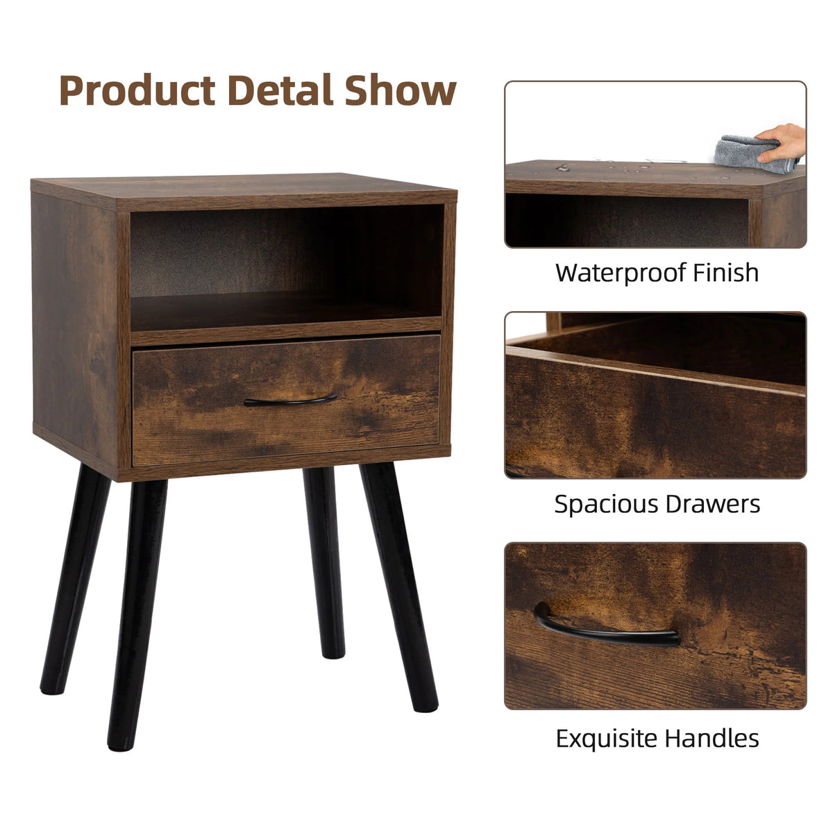Set of 2 Nightstand with Drawer and Shelf, Wood Frame and Metal Legs, Brown K82136