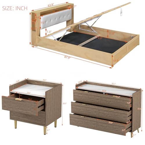 Queen Size Upholstered Platform Bed with Storage Nightstand and 6 Drawers Dresser Cabinet D557