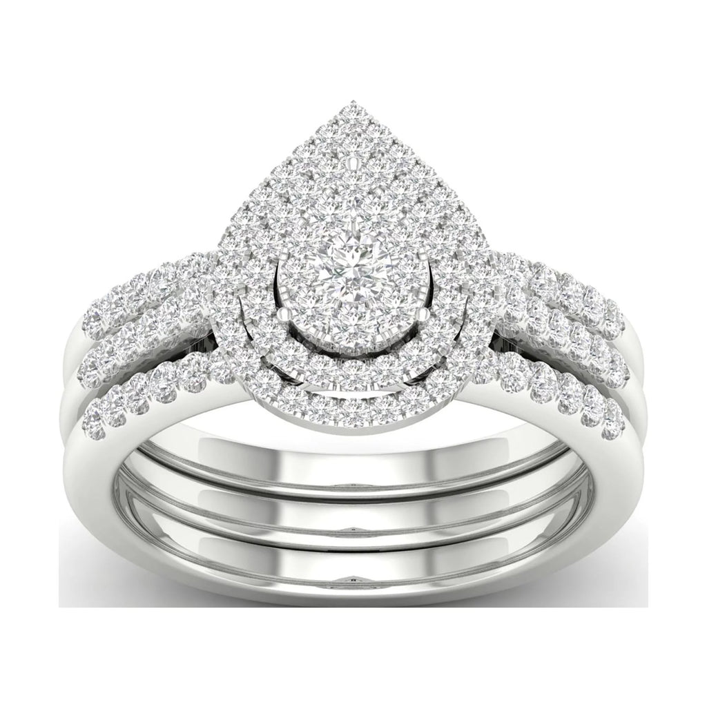 5/8Ct TDW Diamond S925 Sterling Silver Pear Shape Cluster Halo Bridal Set B483038