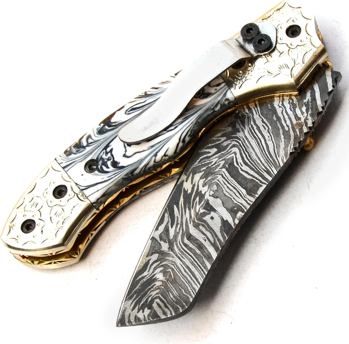 Handmade Damascus Steel Folding Pocket Hunting Knife with Sheath C199074