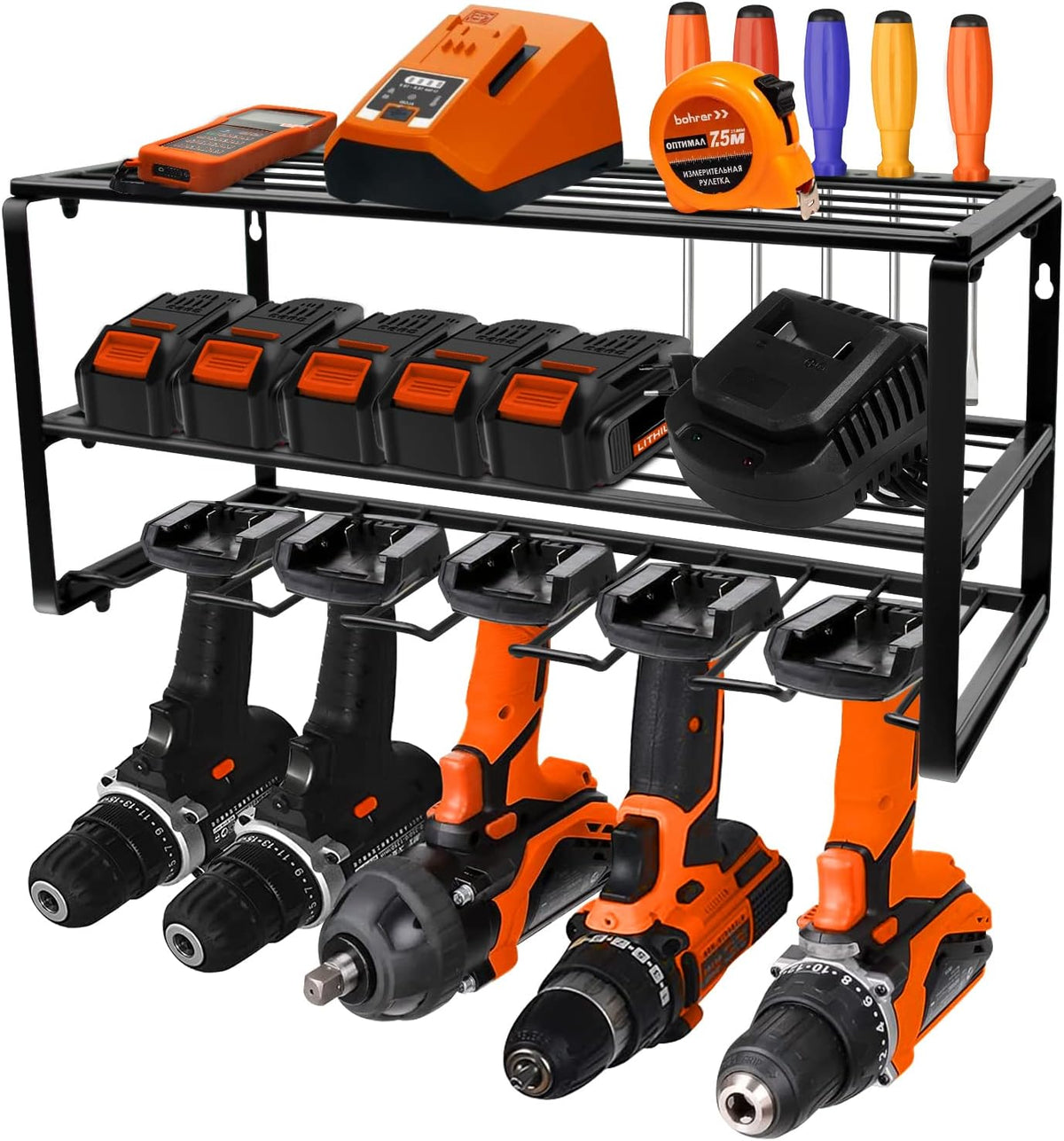 Wall Mounted Tool Storage Rack with Drill Holder, Pack of 2 E455582