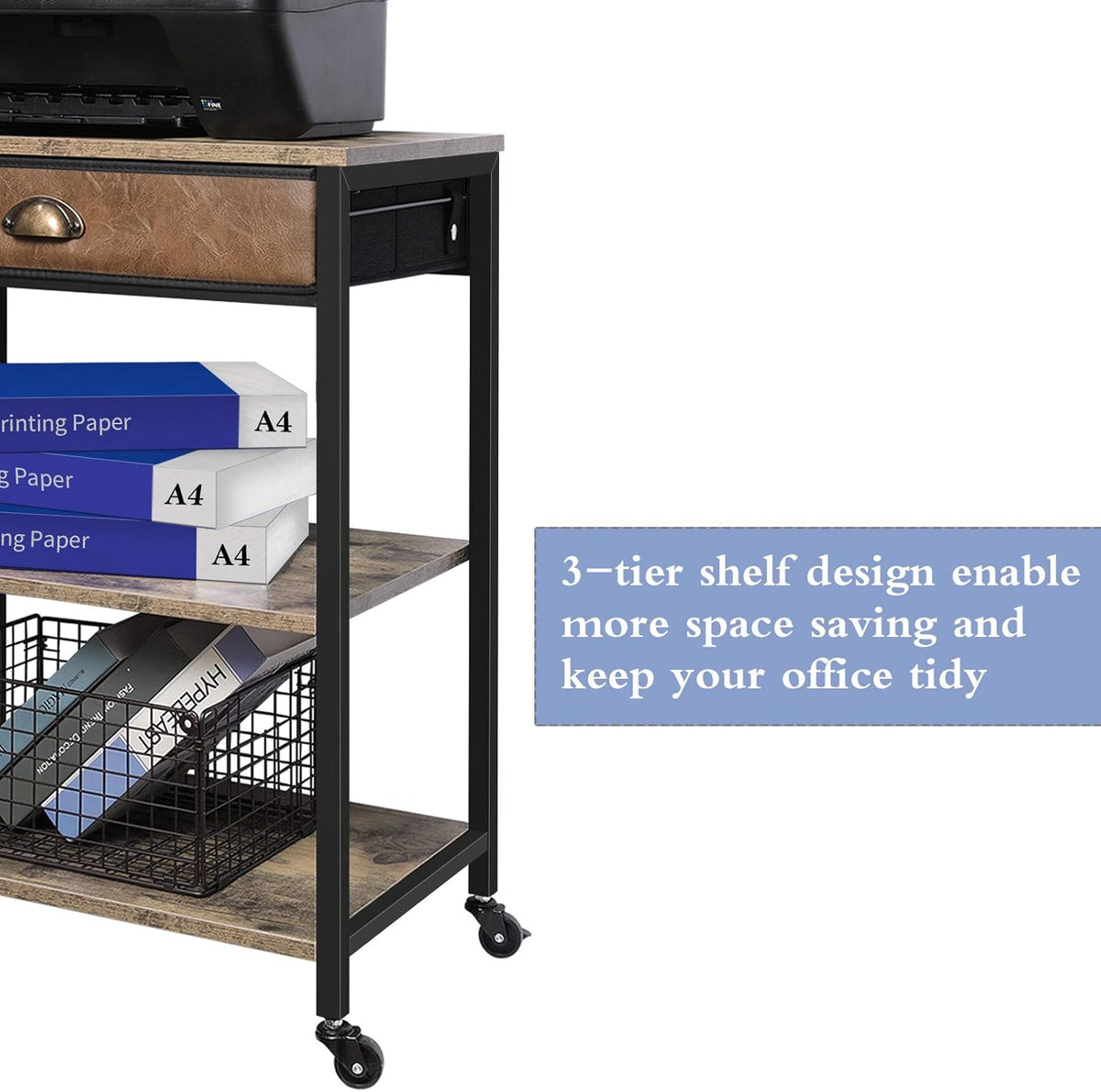 Rustic Brown 3 Tier Printer Cart with Drawer C752