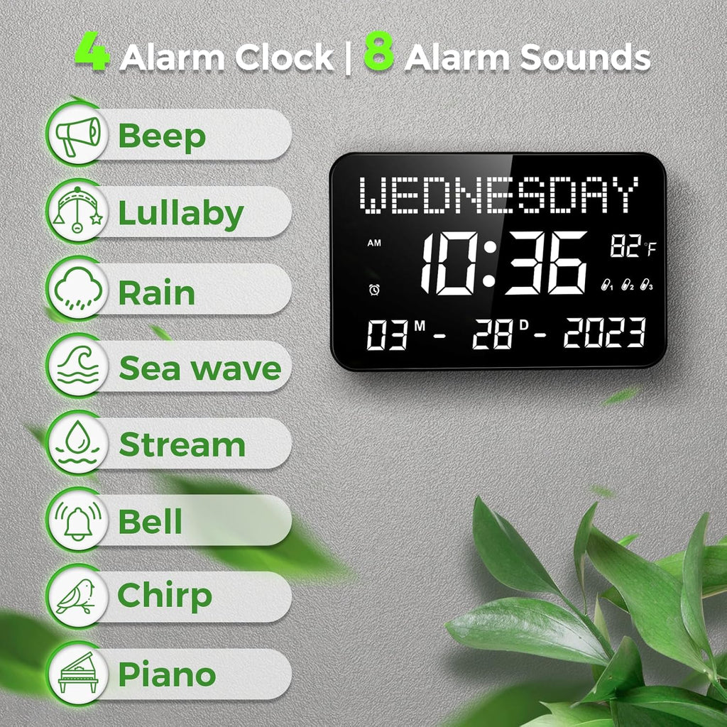 11.2" Large LED Digital Wall Clock with Remote Control, 4 Alarms, Adjustable Dimmer U324