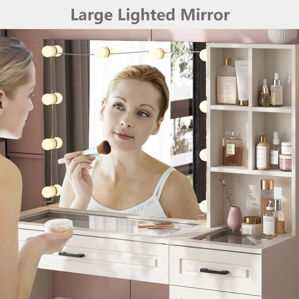 White 45in Vanity Desk Set with Lighted Mirror and Glass Desktop C835