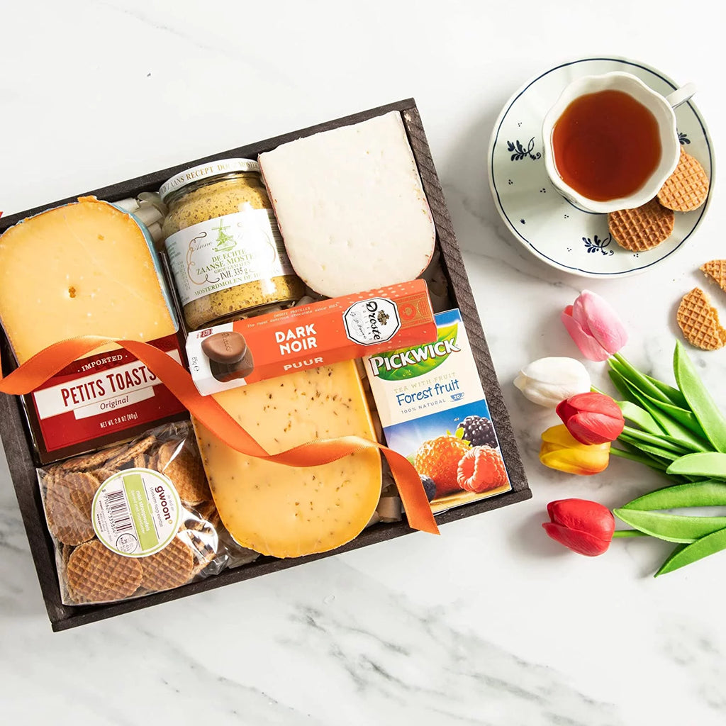 Gourmet Gift Basket with Gouda, Leyden Cheeses, Mustard, Crackers, Tea, Chocolate, and Waffles M5150