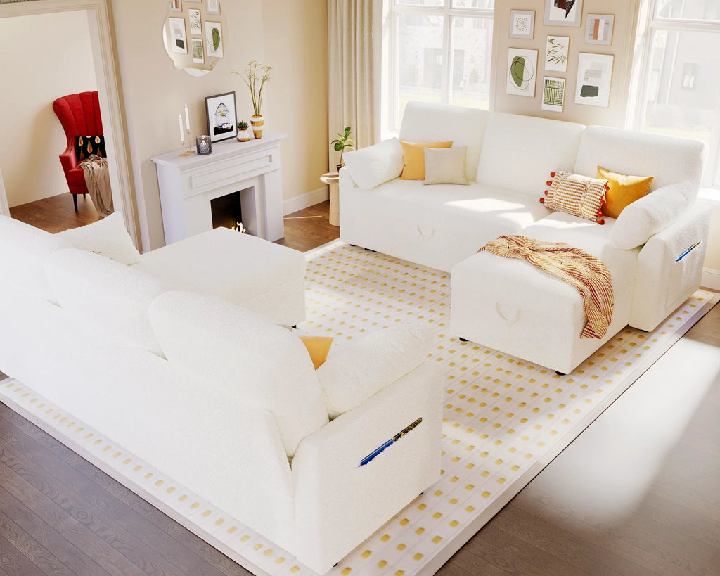White Sherpa Sofa Bed with Storage Chaise P9501