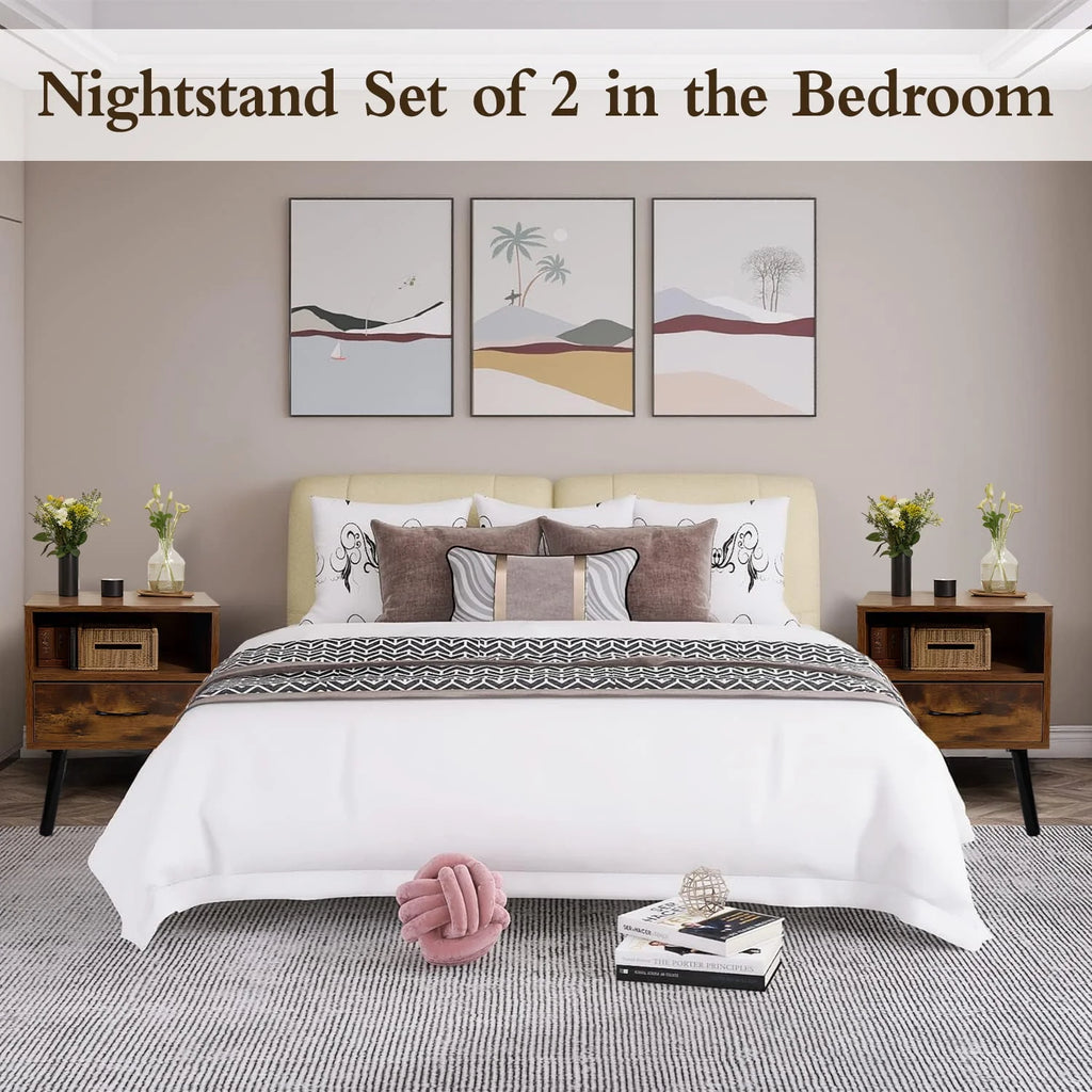 Set of 2 Nightstand with Drawer and Shelf, Wood Frame and Metal Legs, Brown K82136