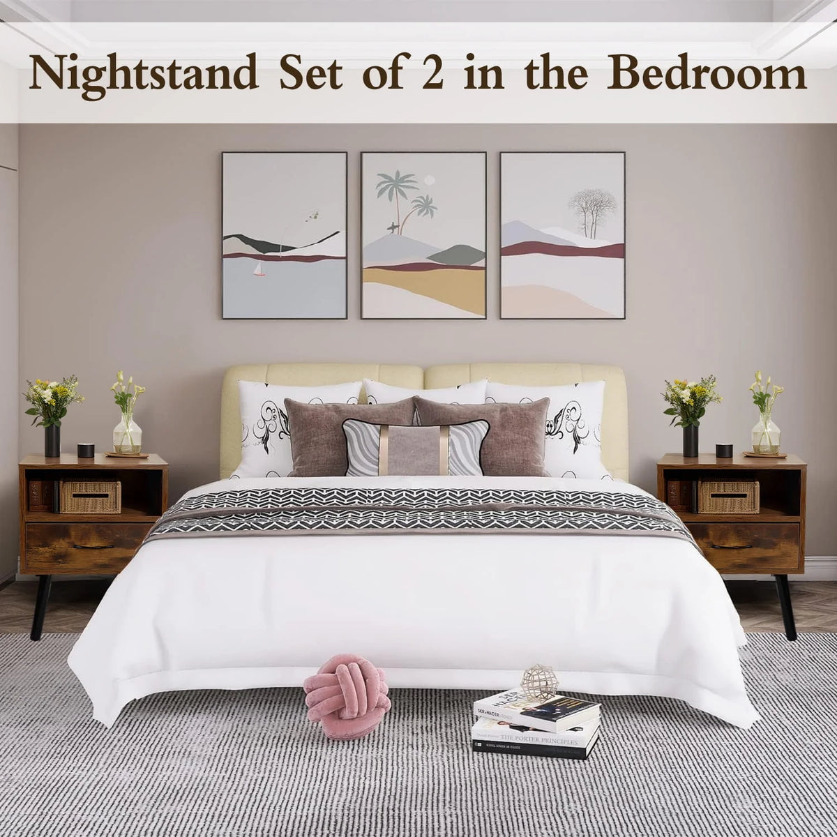 Set of 2 Nightstand with Drawer and Shelf, Wood Frame and Metal Legs, Brown K82136