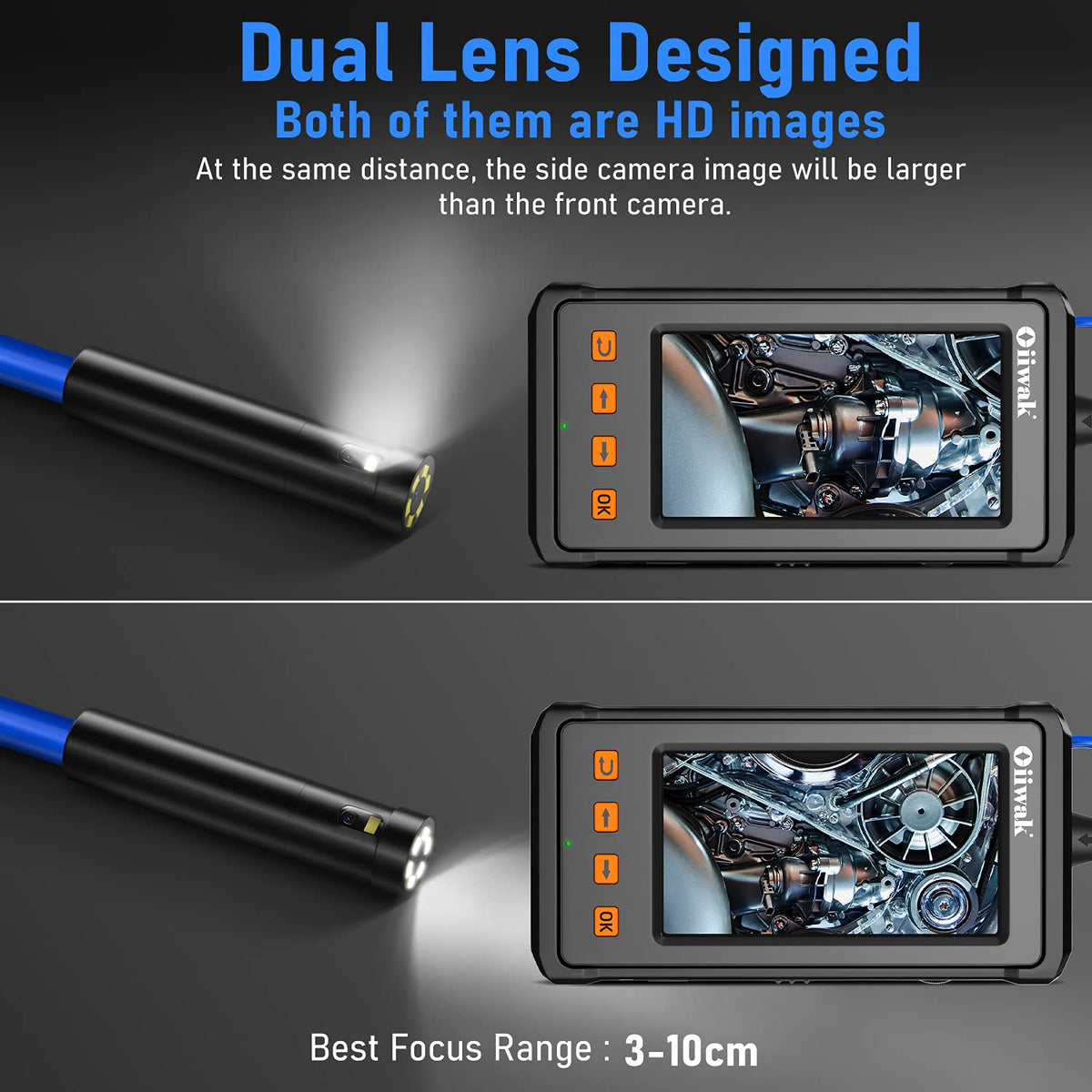 33FT Dual Lens Industrial Endoscope Camera with 7 LED Lights 4.3 IPS Screen IP68 Waterproof Probe L99798