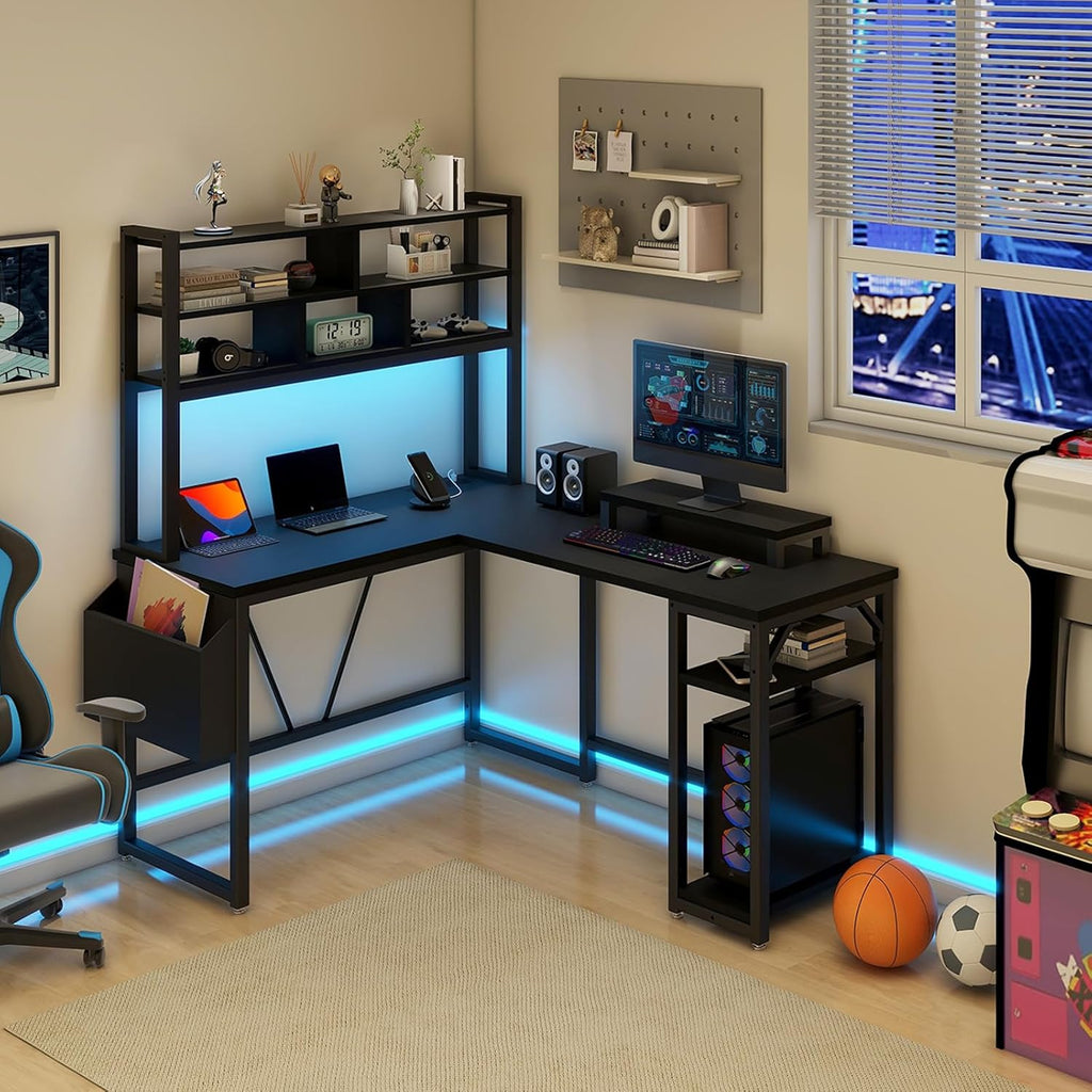 L Shaped Computer Desk with LED Lights and Power Outlets and USB Port B41300