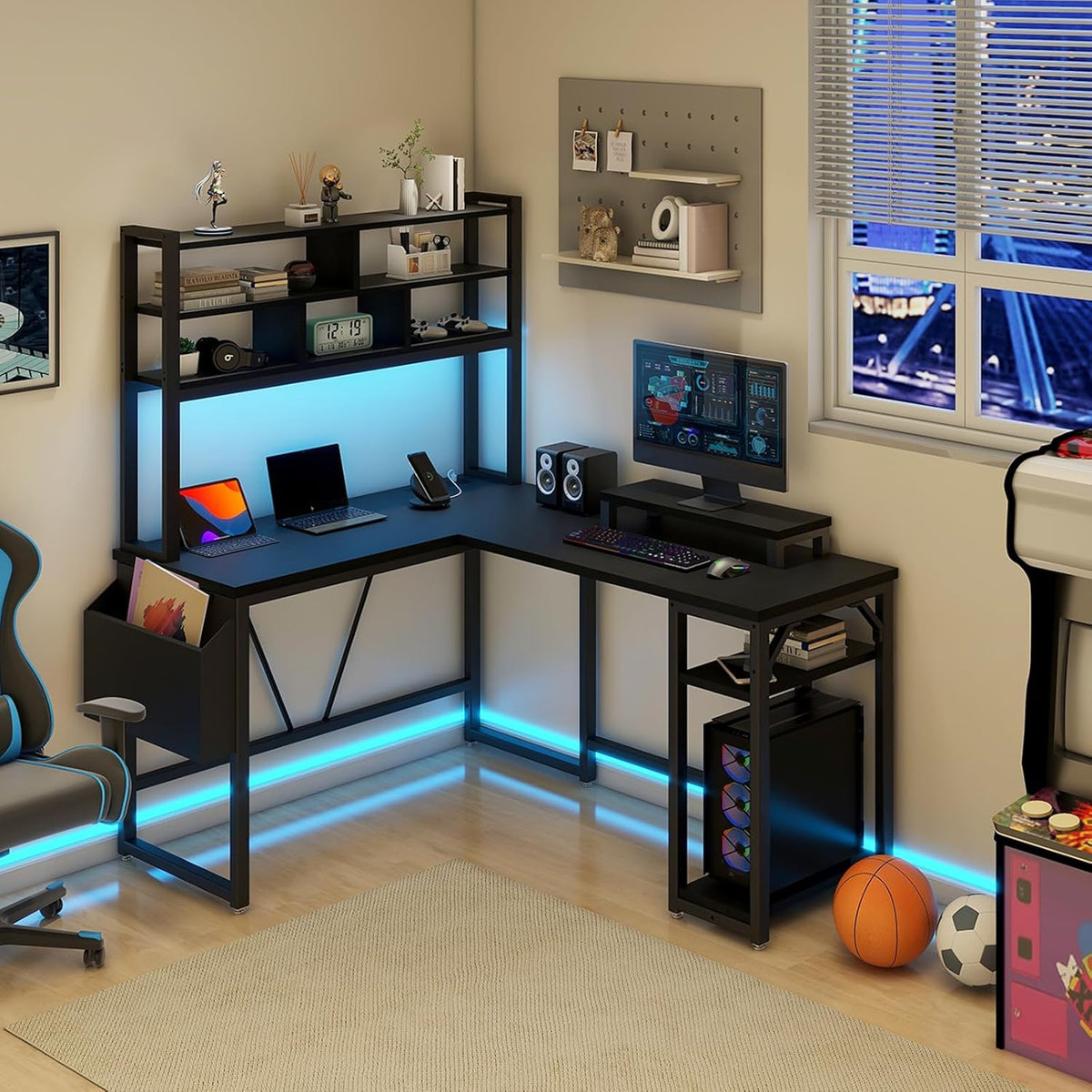 L Shaped Computer Desk with LED Lights and Power Outlets and USB Port B41300