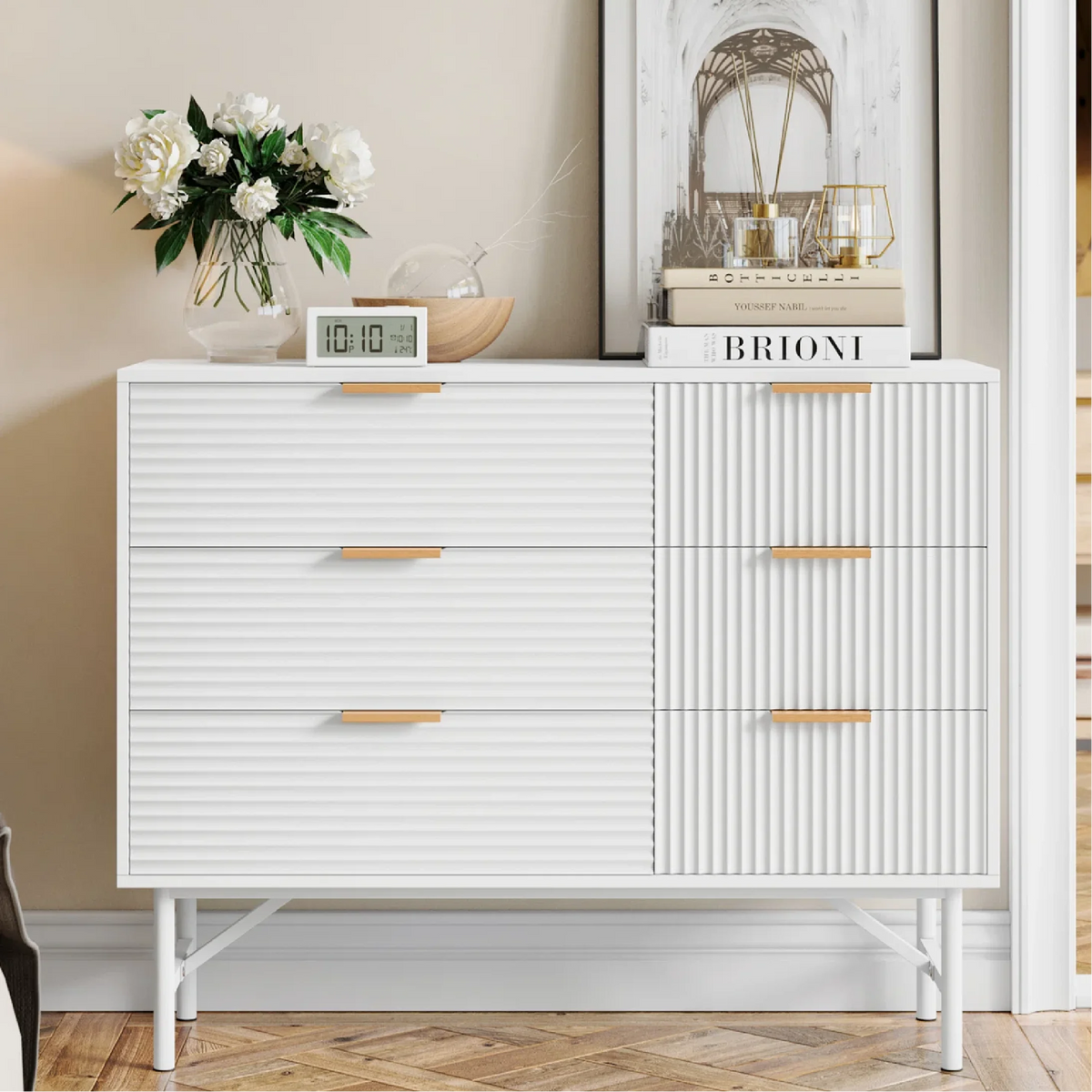 6 Drawer Creamy Wave Panel Wood Dresser Z325248