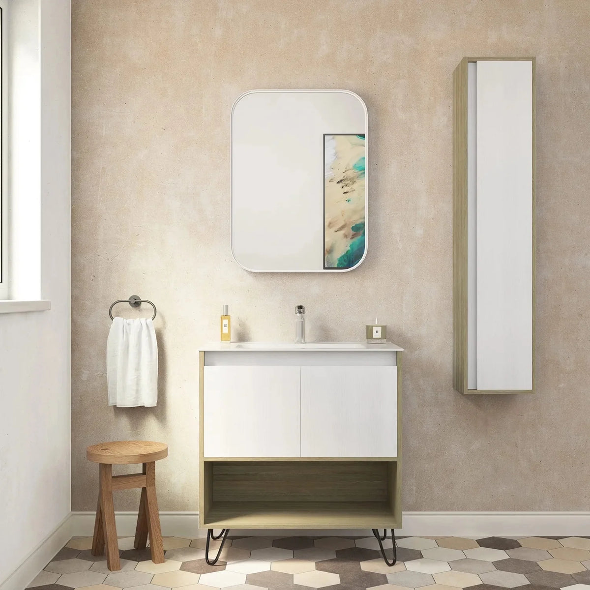 Column Cabinet White Door Toasted Oak Wood Finish J1561
