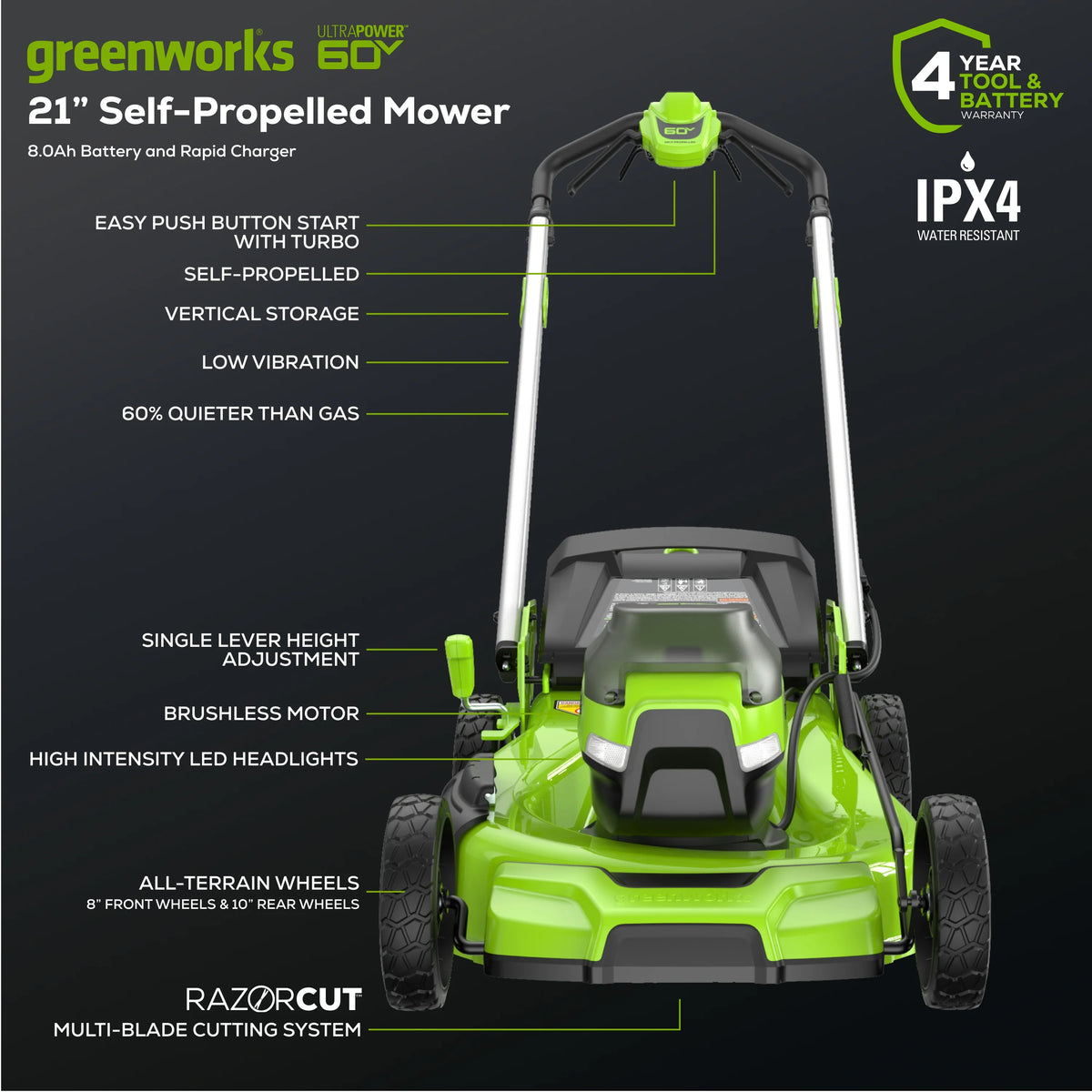 60V 21 Self Propelled Lawn Mower with 8.0 Ah Battery & Charger D814473