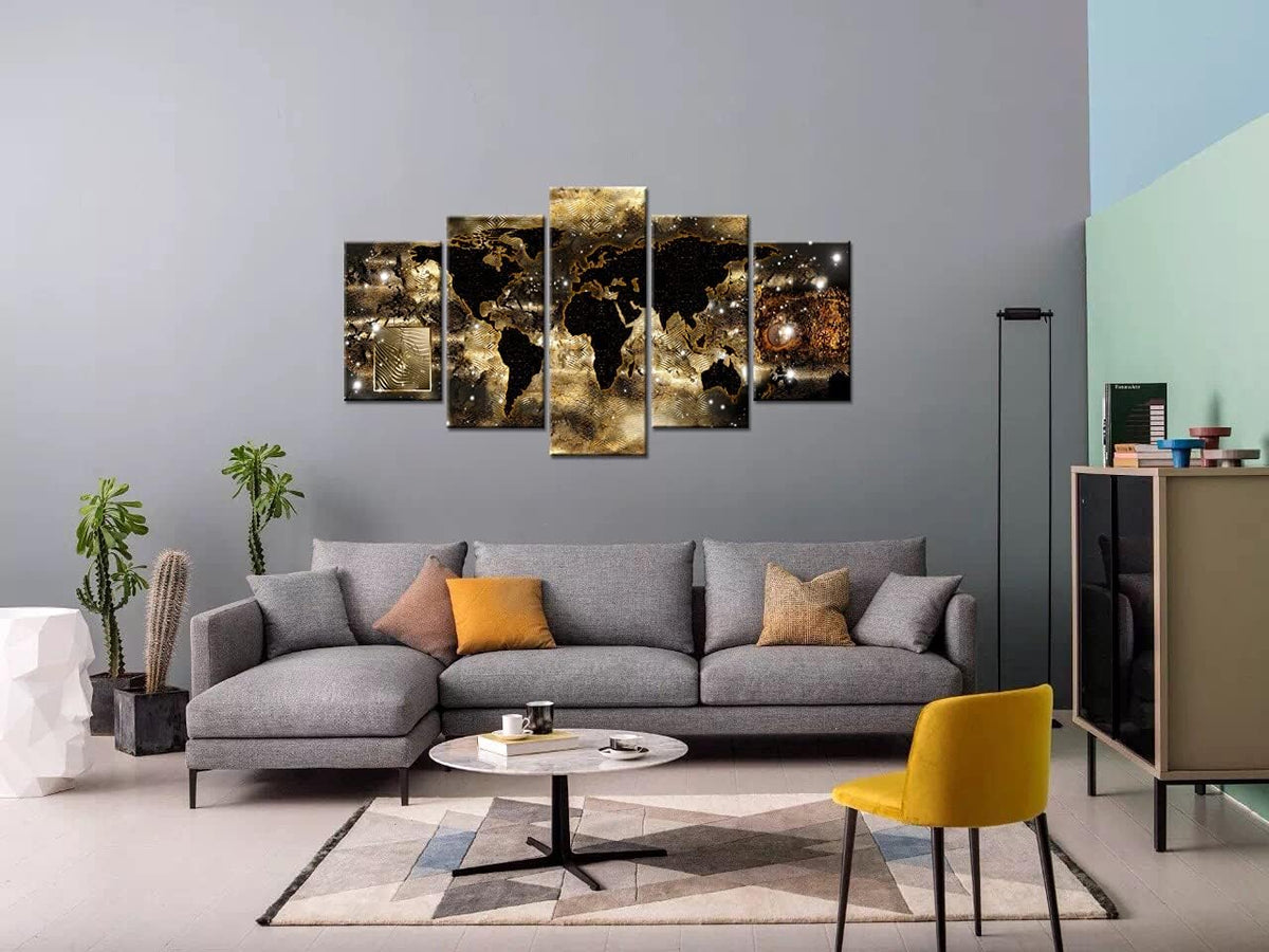 World Map Canvas Wall Art Gold Picture Modern Painting Compass Continents Bronze Artwork Framed Home Decor (W60”x H30”) V147
