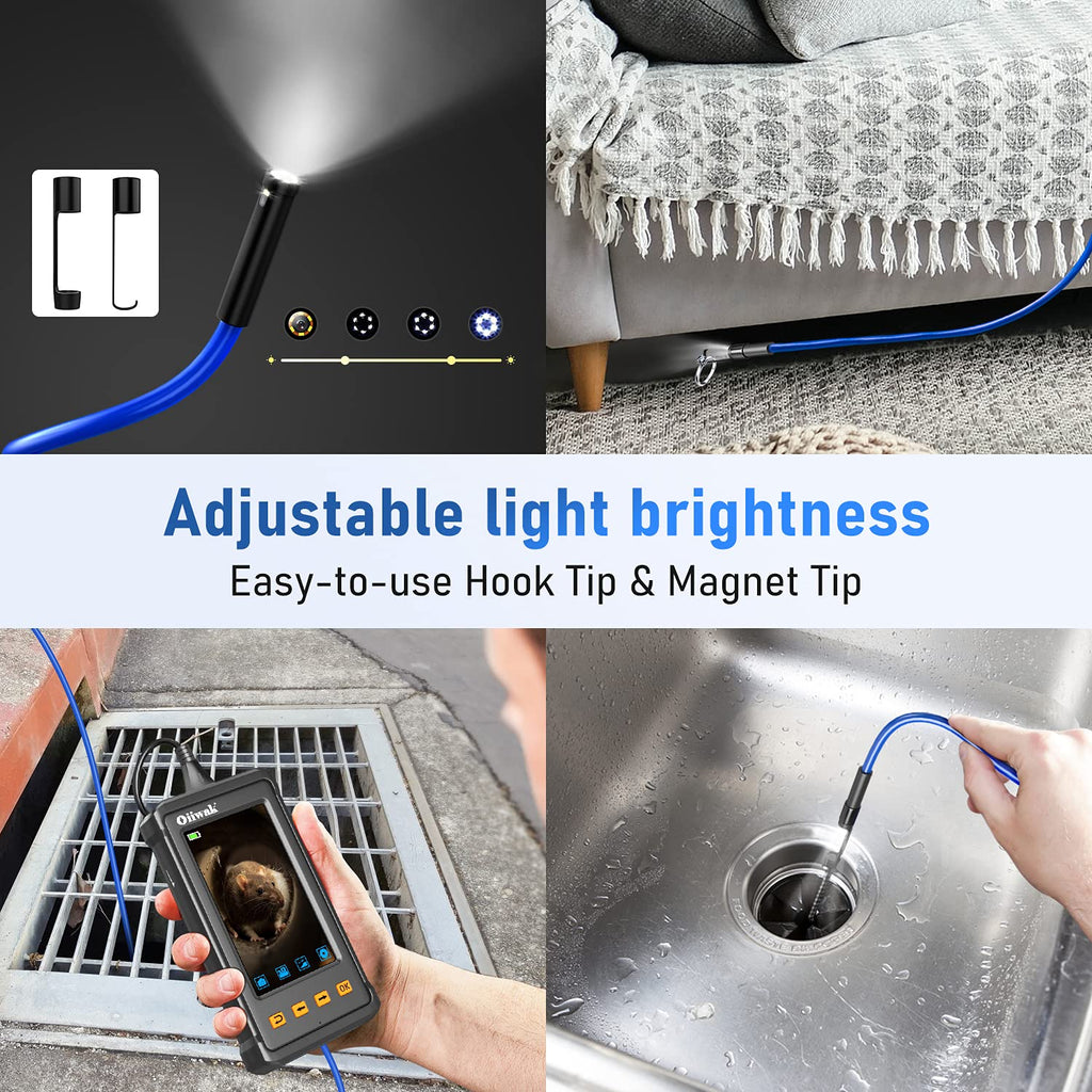 33FT Dual Lens Industrial Endoscope Camera with 7 LED Lights 4.3 IPS Screen IP68 Waterproof Probe L99798