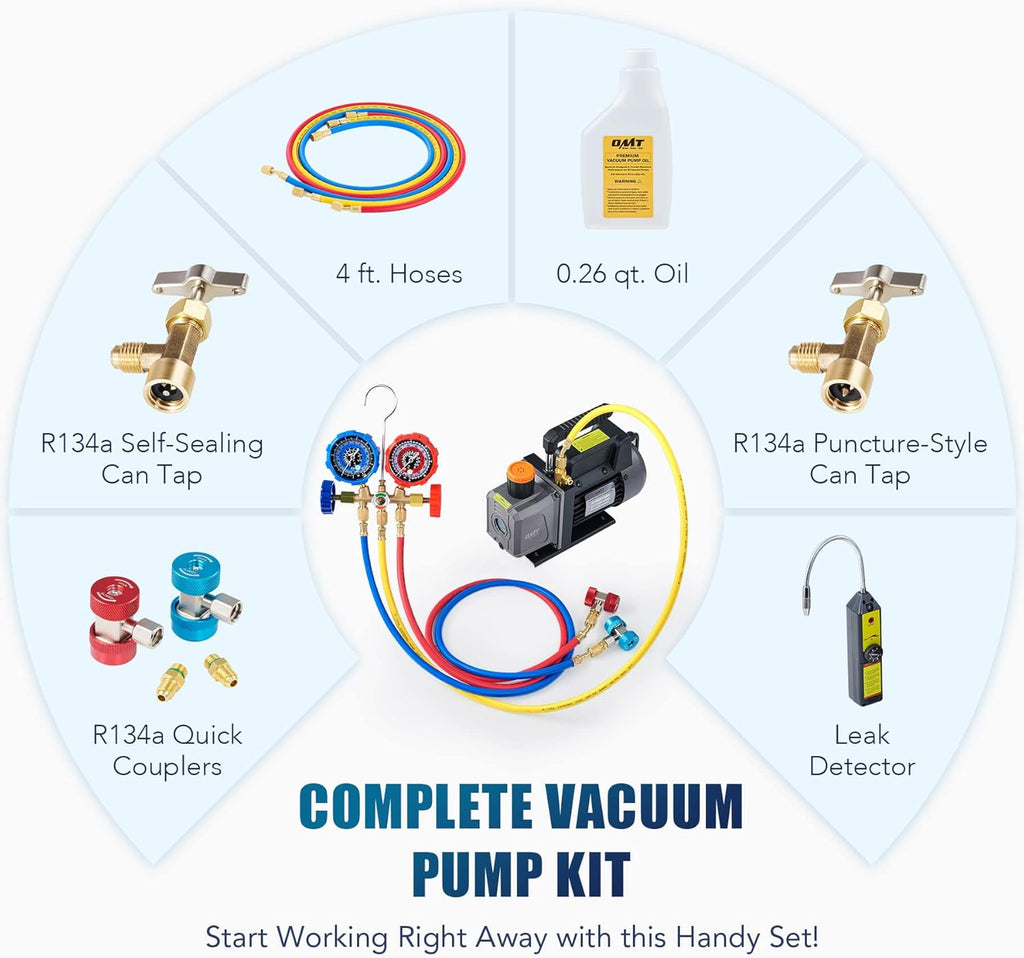 AC Vacuum Pump and Gauge Set with 4CFM Vacuum Pump, 3 Hoses, Quick Couplers, AC Gauges for R134a, R12, R22, R502 I54556