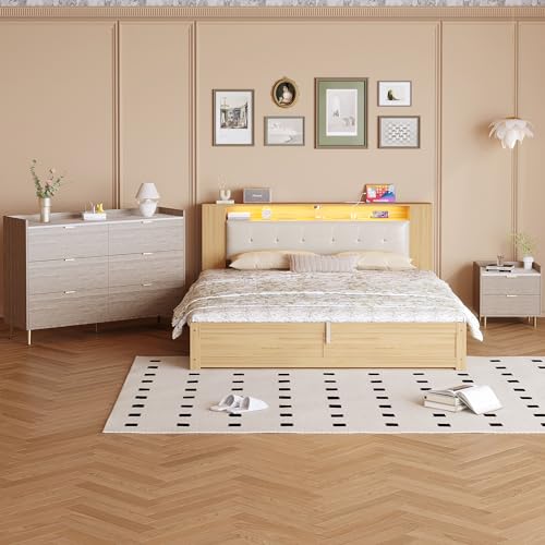 Queen Size Upholstered Platform Bed with Storage Nightstand and 6 Drawers Dresser Cabinet D557