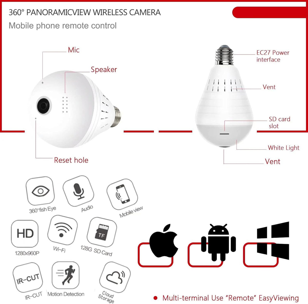 1080p 360 Degree WiFi IP Camera with Night Vision U97697