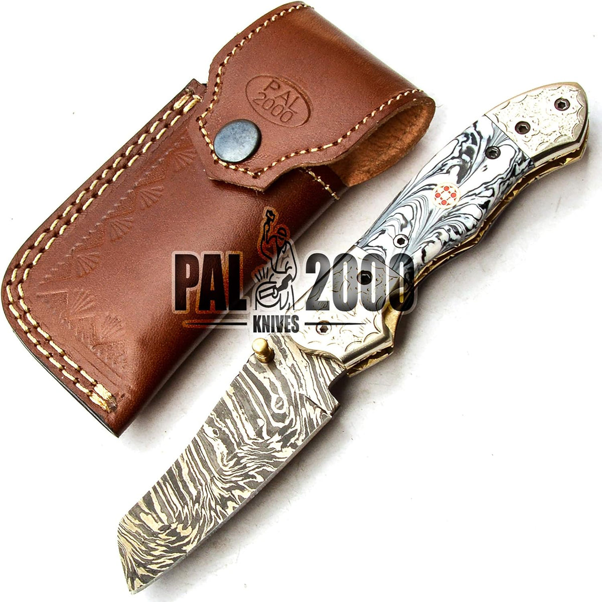 Handmade Damascus Steel Folding Pocket Hunting Knife with Sheath C199074
