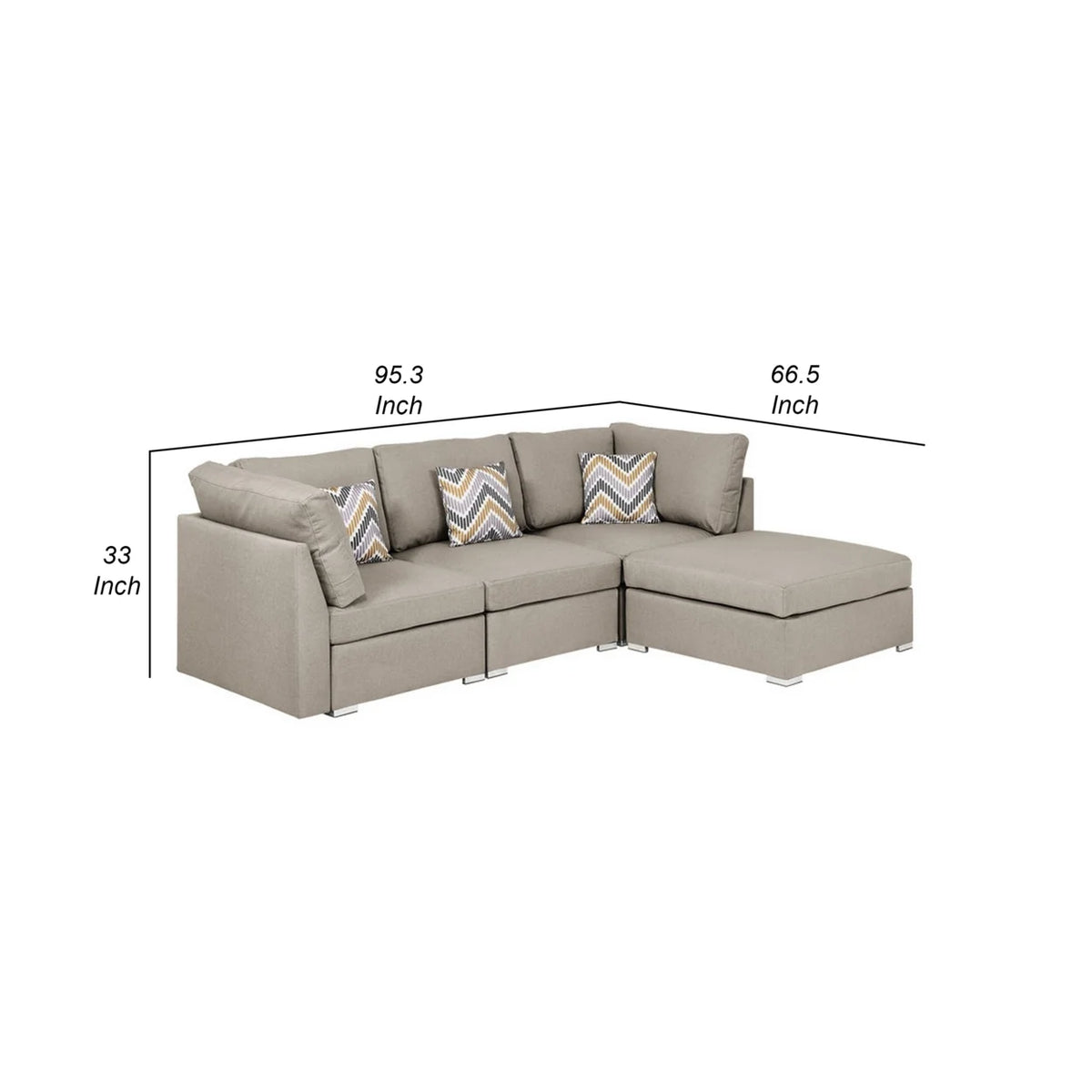 Beige Fabric Chaise Sofa with Ottoman and 3 Pillows A9259