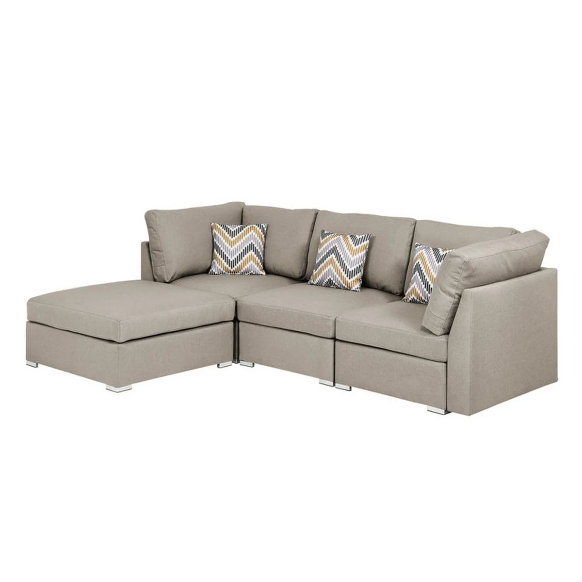 Beige Fabric Chaise Sofa with Ottoman and 3 Pillows A9259