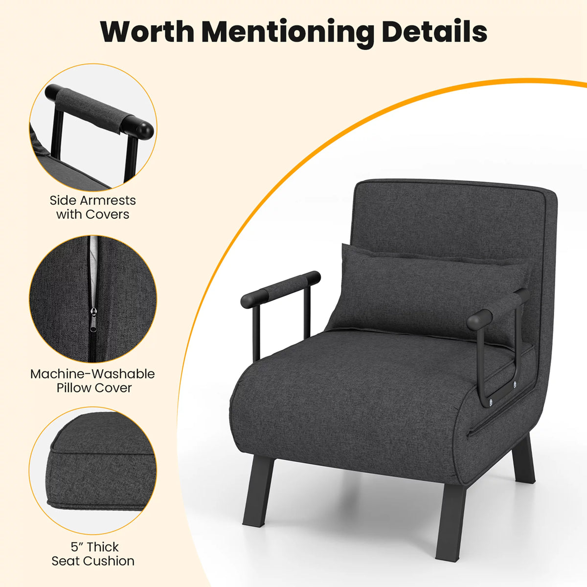 Gray Convertible Sleeper Bed Armchair U65293