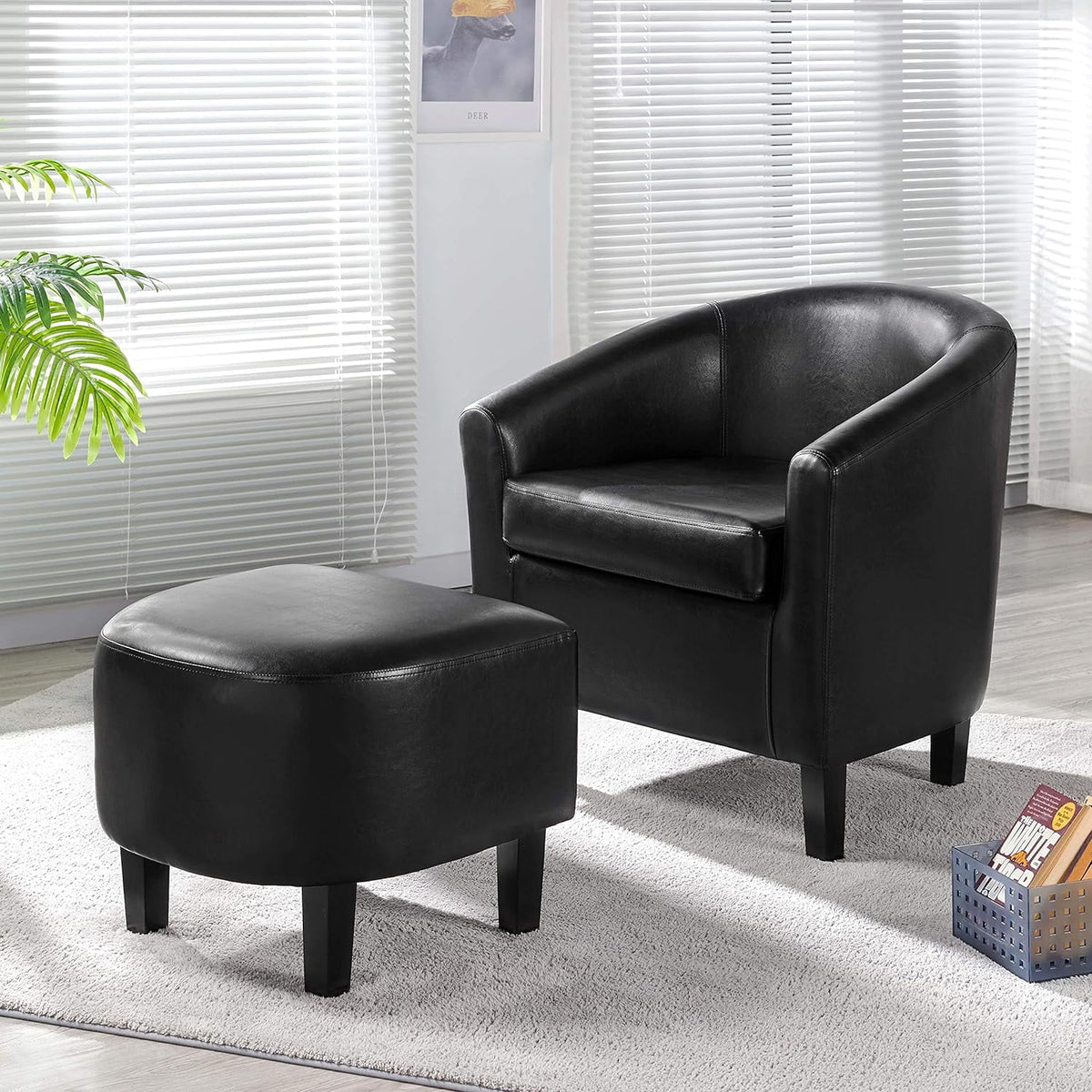 Black Faux Leather Accent Chair with Ottoman L57401