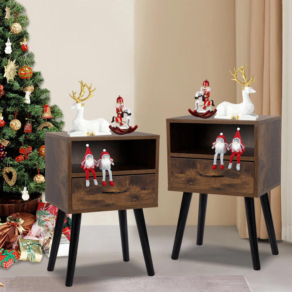 Set of 2 Nightstand with Drawer and Shelf, Wood Frame and Metal Legs, Brown K82136