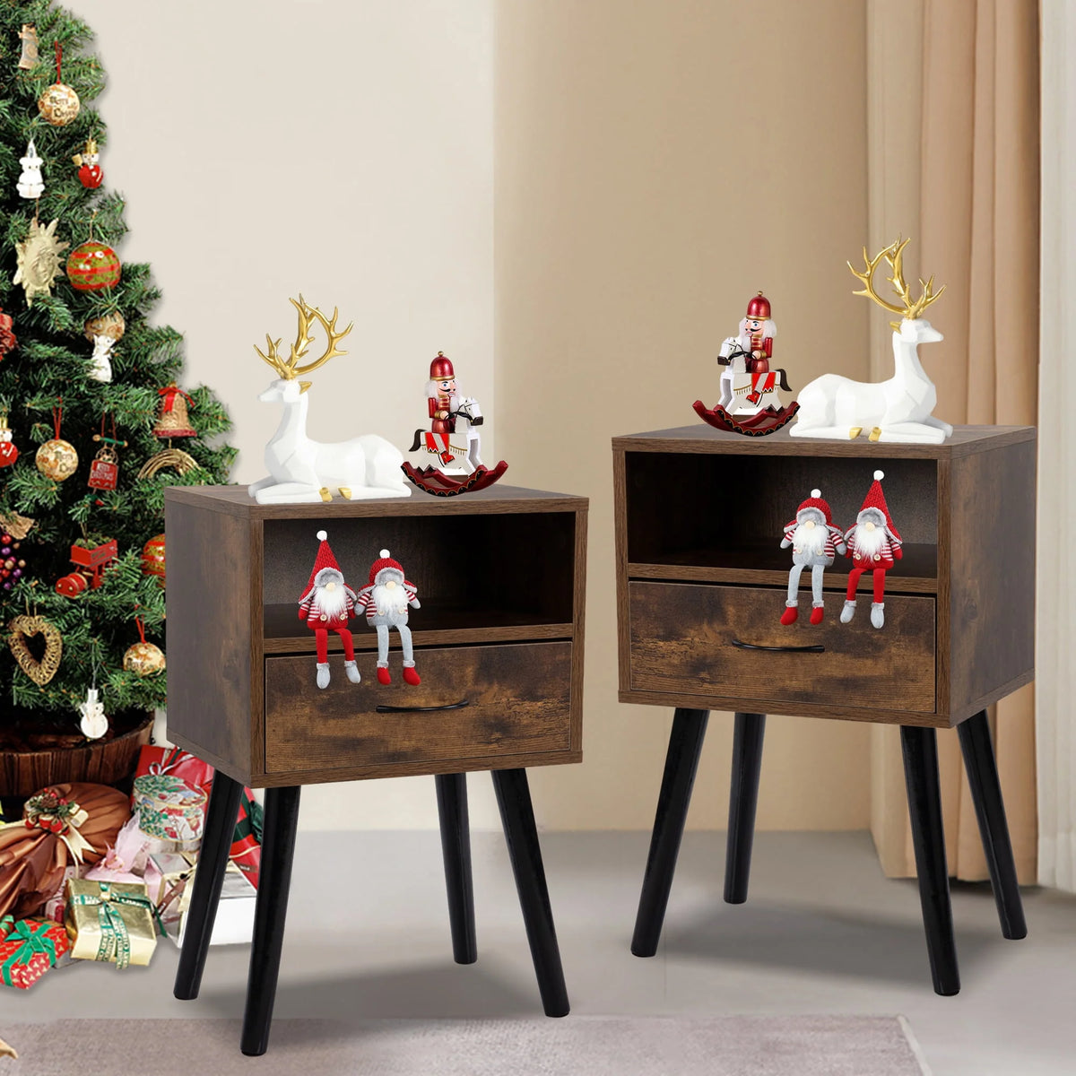 Set of 2 Nightstand with Drawer and Shelf, Wood Frame and Metal Legs, Brown K82136