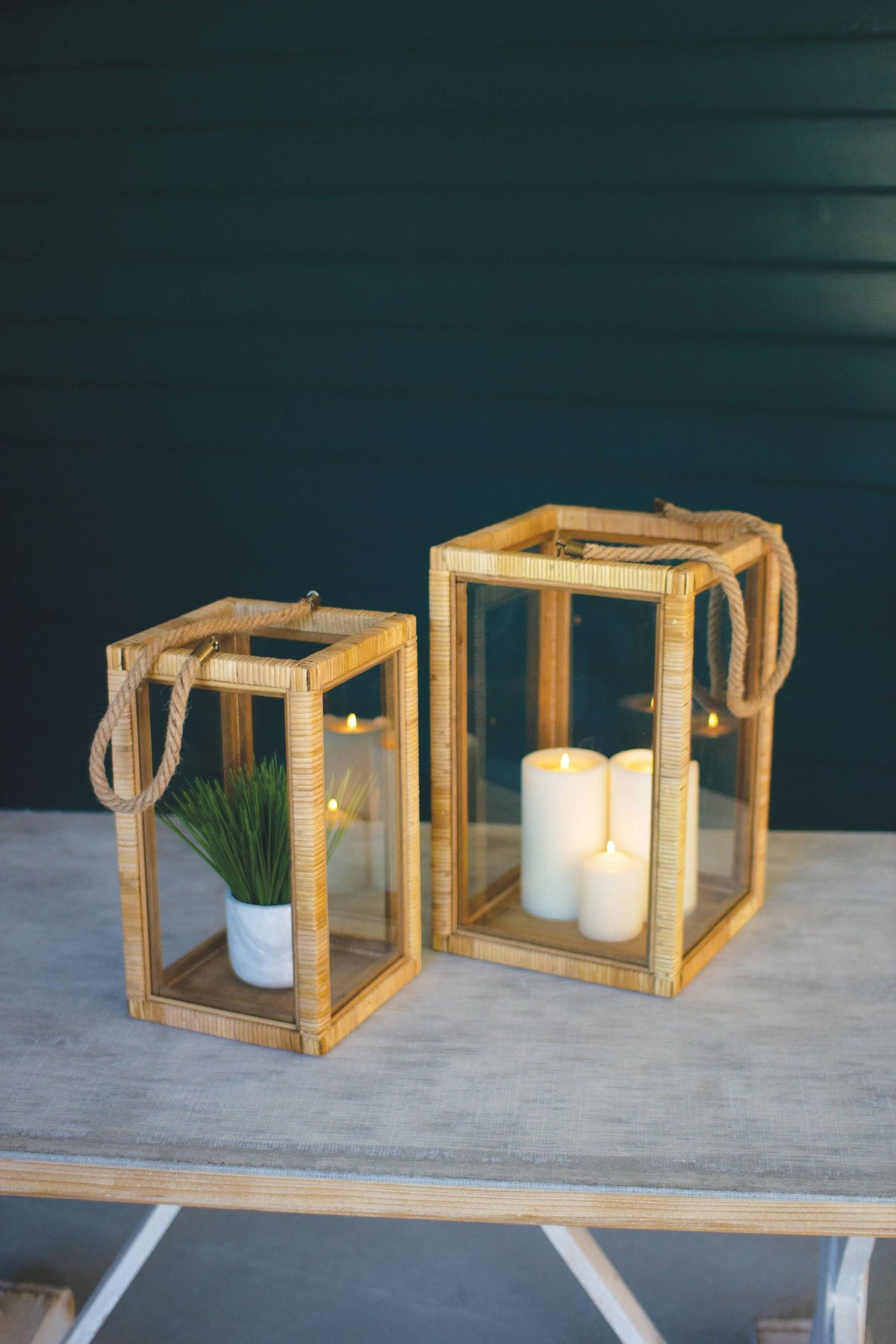Set of Two Rectangle Rattan and Glass Lanterns P427