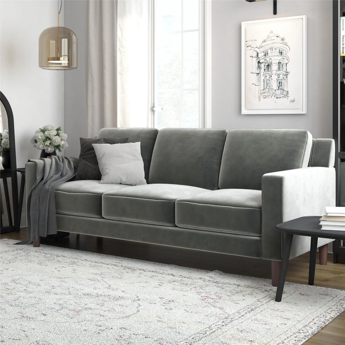 Gray Velvet 3 Seater Sofa V4169