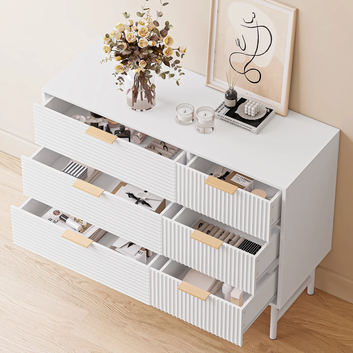 6 Drawer Creamy Wave Panel Wood Dresser Z325248