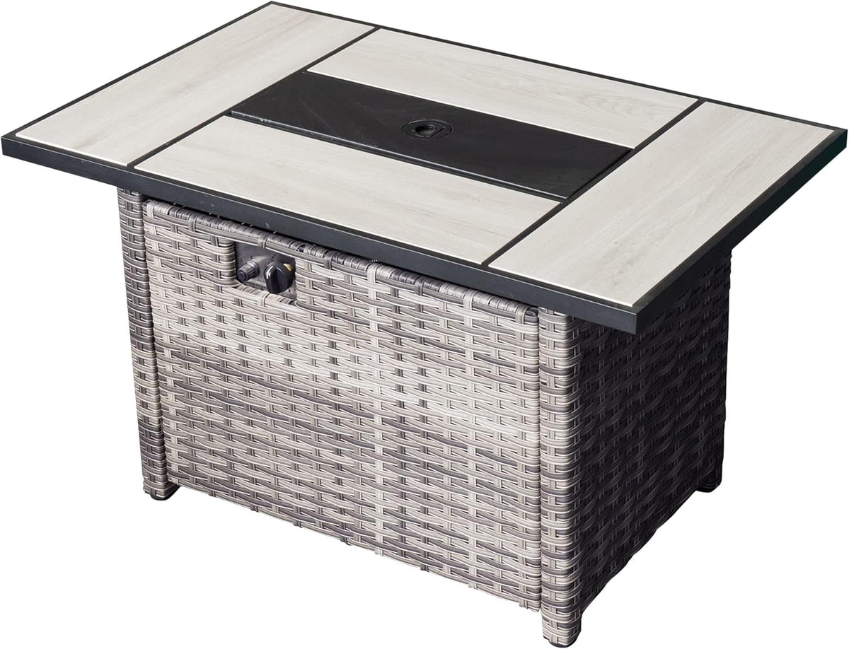 42 inch Outdoor Rectangle Propane Fire Pit Table with Lid, Grey Wicker L5314